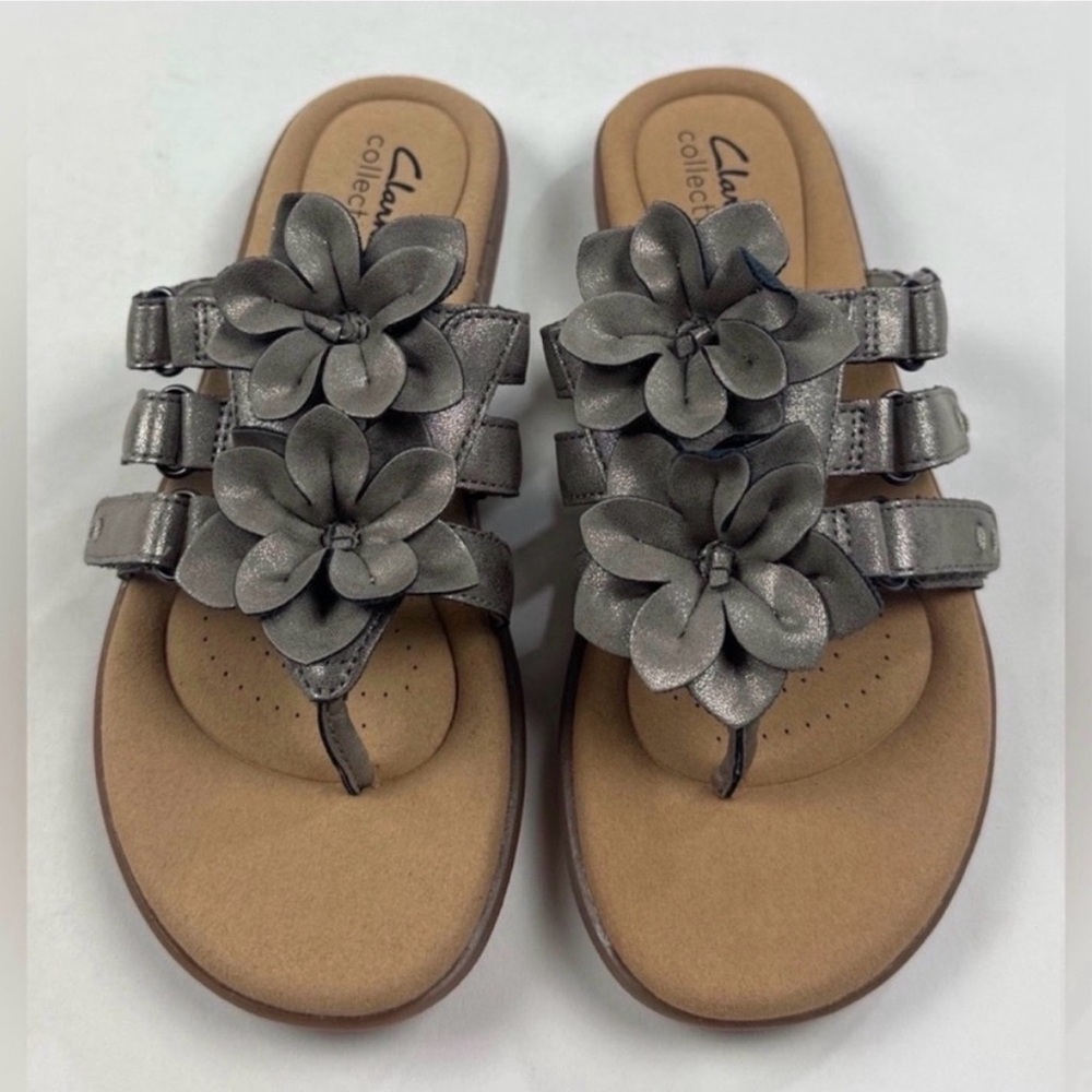 Clarks Elizabelle Mae Womens 8.5 Pewter Metallic Floral Sandals Comfort 26177099